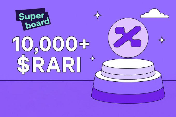 A purple background with a stylized pedestal holding a circular logo featuring a wrench and gear symbol. Text reads "Superboard" in green and black, "10,000+" in white, and "$RARI" in white.