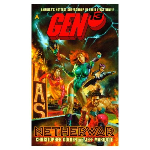 Book cover featuring a painting of five young superheroes in Las Vegas