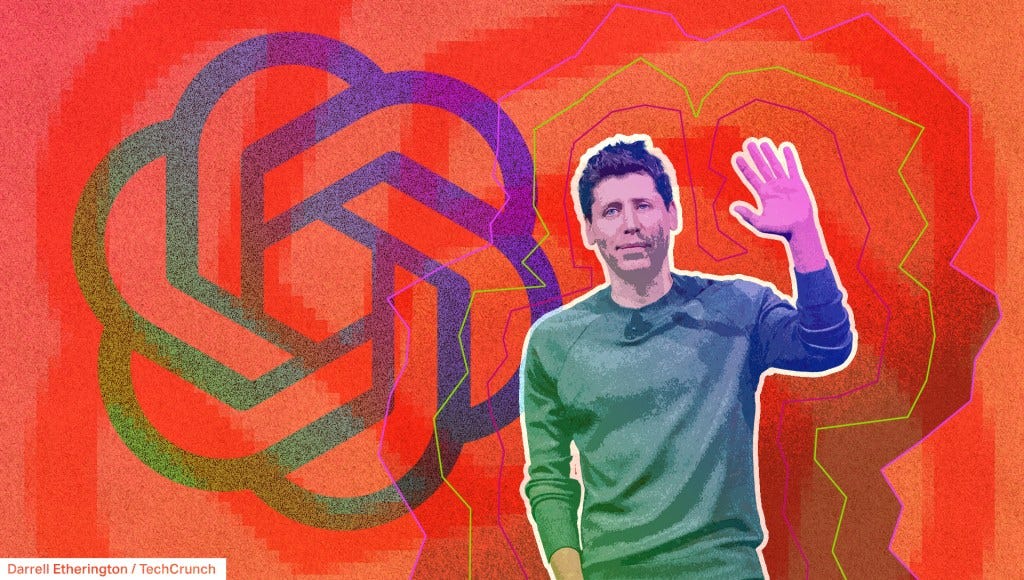 An illustration of Sam Altman in front of the OpenAI logo An illustration of Sam Altman in front of the OpenAI logo