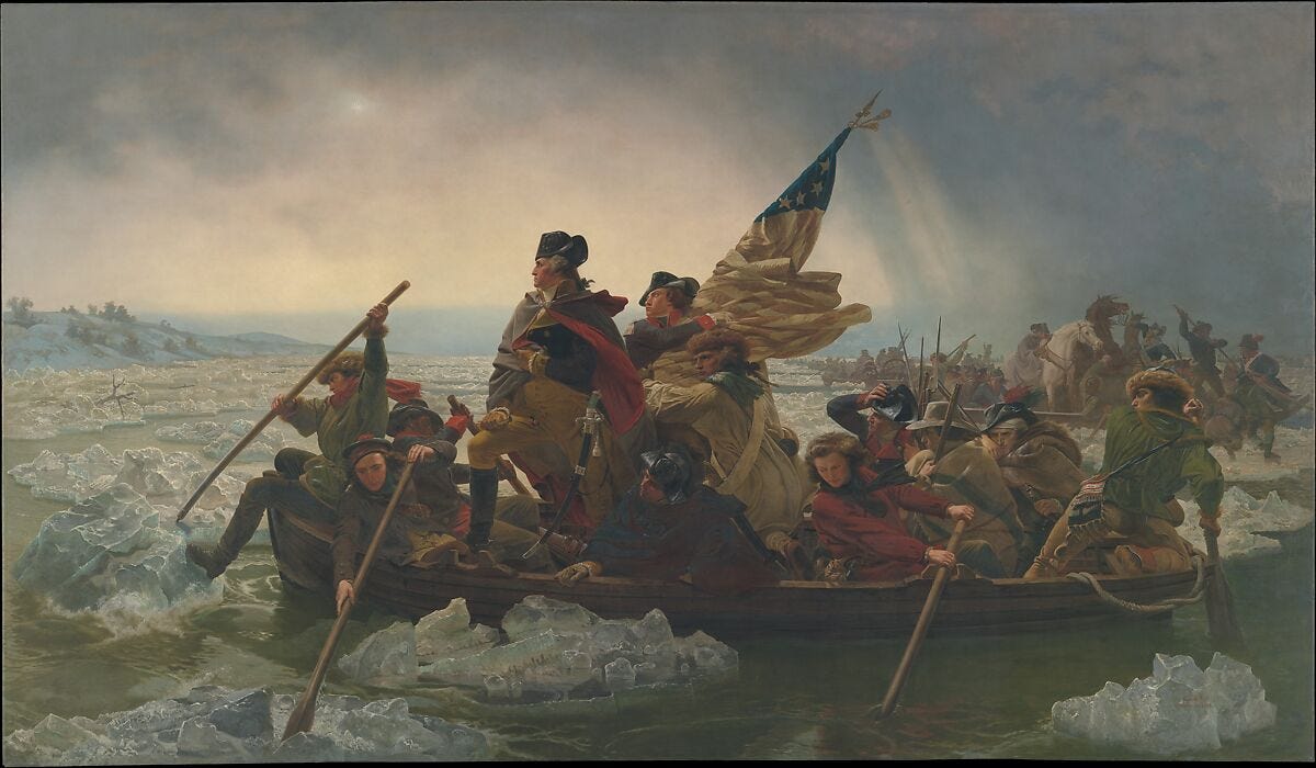 Luetze's painting depicting washington on a boat with his soldiers crossing the river Luetze's painting depicting washington on a boat with his soldiers crossing the river