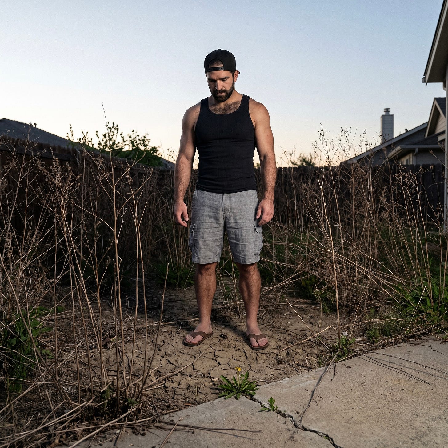 Mitch from Coffee with Mitch, wearing a black backwards cap and tank top, stands solemnly in a dry desert yard full of tall dead weeds, looking down at a single green dandelion growing from the cracked caliche dirt. Mitch from Coffee with Mitch, wearing a black backwards cap and tank top, stands solemnly in a dry desert yard full of tall dead weeds, looking down at a single green dandelion growing from the cracked caliche dirt.