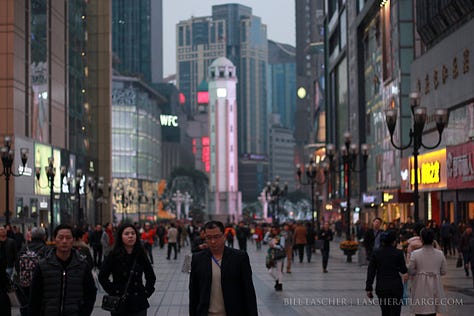 Alternating images of quiet, calm moments and busy, frenetic cities, and of old and new construction, in Chongqing, China.