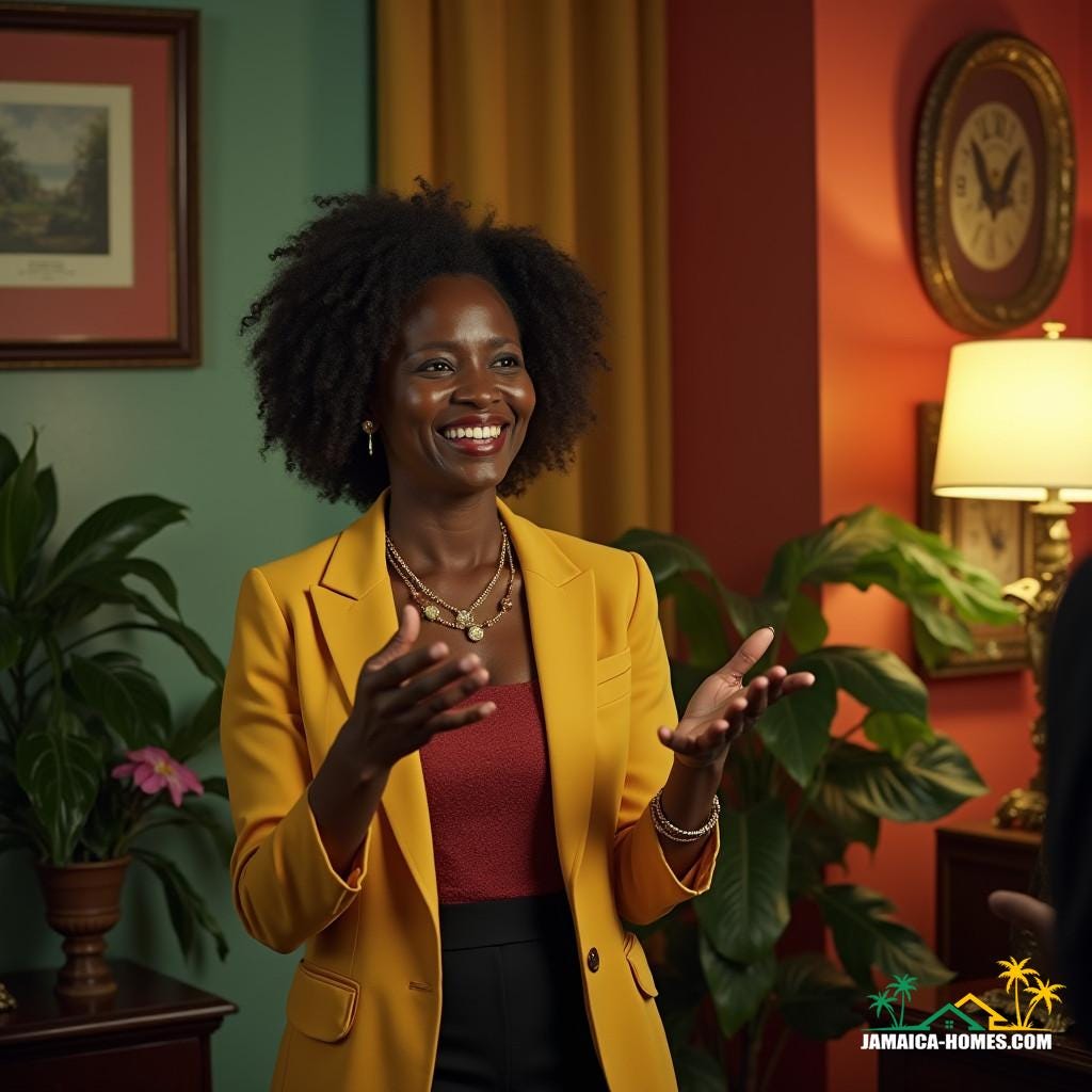 charismatic middle-aged Jamaican businesswoman with a warm, bright smile and elegant attire, stands confidently in a richly decorated Caribbean office