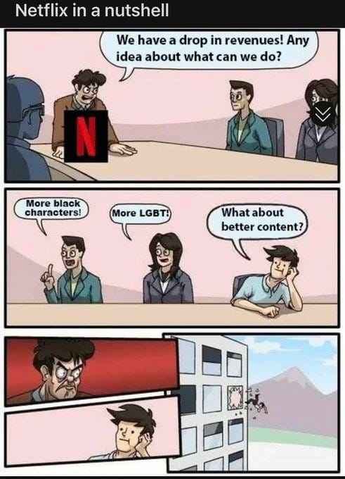 A four-panel comic strip. The first panel shows four people sitting at a conference table, one with a Netflix logo on their shirt. The second panel depicts three people suggesting "More black characters!", "More LGBT!", and "What about better content?" The third panel shows one person angrily pointing. The fourth panel shows the same person being thrown out of a building window, landing on the ground outside.