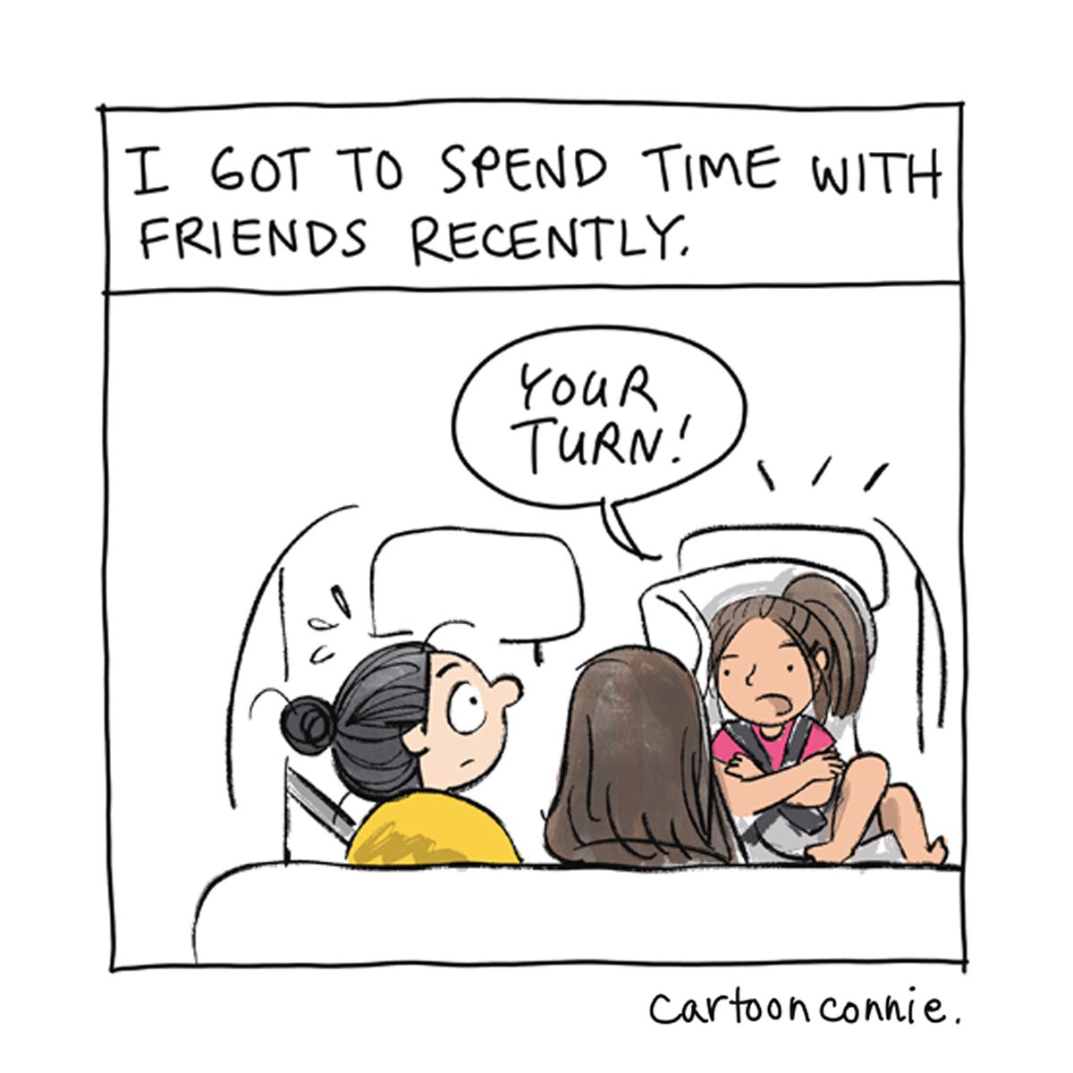 Panel 1/8 of an 8-panel color diary comic illustrating the perceptive, brutal honesty of young children in a series of humbling exchanges with the artist. Titled "Friends With Kids," 2026, by Connie Sun