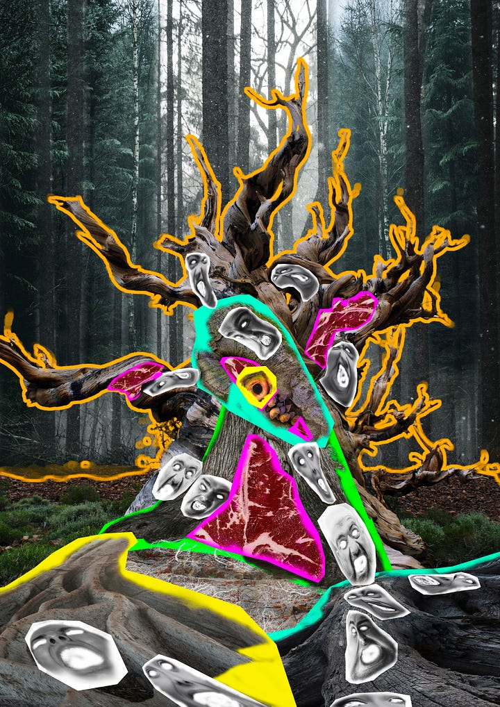 A tree with a fleshy creature inside.