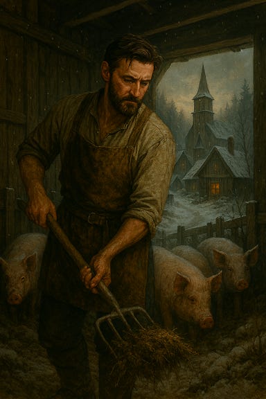 A dark fantasy image of Fleetwood, visually reminiscent of actor Richard Armitage, mucking out the Krezkovs' pig pen in Barovia. Fleetwood wears a simple wool tunic with rolled-up sleeves, his hair damp and tousled from effort. His face is rugged and focused, with a furrowed brow and a hint of weariness. He grips a wooden pitchfork, shoveling straw and mud as pigs snort and shuffle nearby. The pen is enclosed by rough wooden fencing, with snow piled along the edges and mist curling through the trees beyond. A lantern hangs from a post, casting warm light on Fleetwood’s determined expression. The atmosphere is gritty, humble, and quietly heroic. A dark fantasy image of Fleetwood, visually reminiscent of actor Richard Armitage, mucking out the Krezkovs' pig pen in Barovia. Fleetwood wears a simple wool tunic with rolled-up sleeves, his hair damp and tousled from effort. His face is rugged and focused, with a furrowed brow and a hint of weariness. He grips a wooden pitchfork, shoveling straw and mud as pigs snort and shuffle nearby. The pen is enclosed by rough wooden fencing, with snow piled along the edges and mist curling through the trees beyond. A lantern hangs from a post, casting warm light on Fleetwood’s determined expression. The atmosphere is gritty, humble, and quietly heroic.