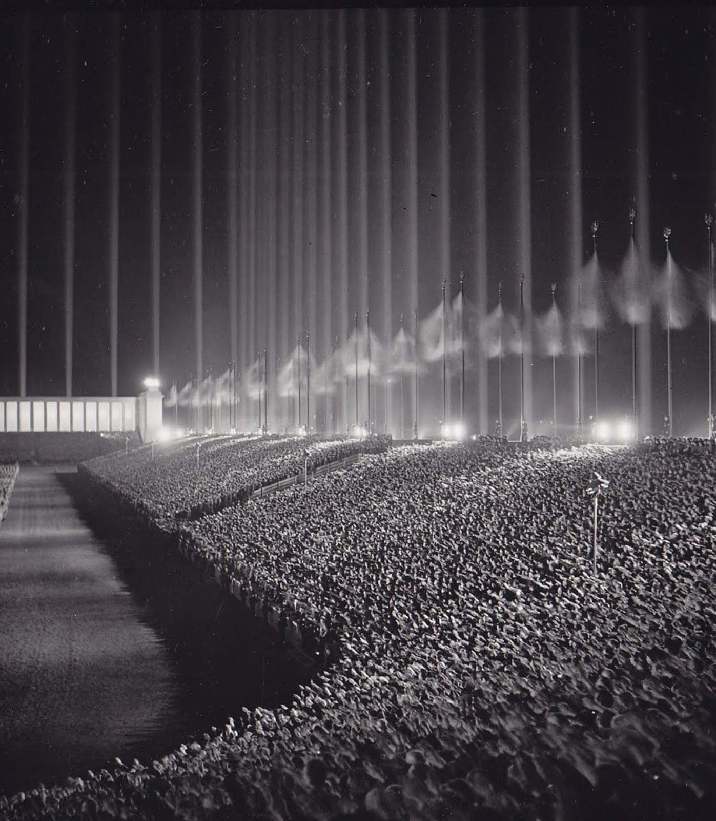 Architect Albert Speer’s description of the effect: ‘The feeling was of a vast room, with the beams serving as mighty pillars of infinitely light outer walls.’ Architect Albert Speer’s description of the effect: ‘The feeling was of a vast room, with the beams serving as mighty pillars of infinitely light outer walls.’