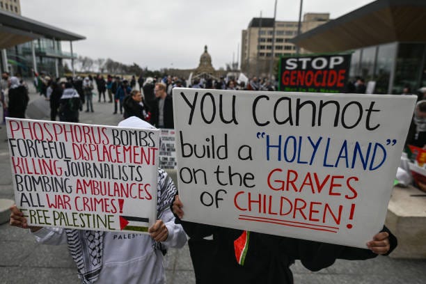 Members of the Palestinian diaspora supported by local activists, during the 'March For Gaza' rally, at Violet King Henry plaza, on April 21 in...