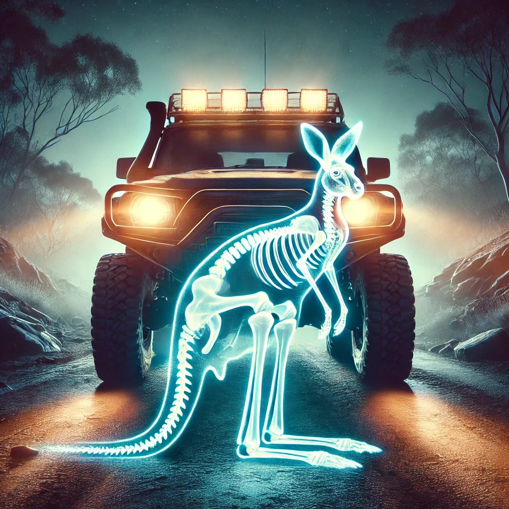A visually striking and realistic image of a rugged off-road vehicle with powerful headlights illuminating a dark road at night. In front of the vehicle, a glowing, X-ray-like silhouette of a kangaroo is visible, showing its skeletal structure. The background features a dimly lit forest and a mysterious, atmospheric sky, emphasizing the eerie and futuristic feel of the scene. A visually striking and realistic image of a rugged off-road vehicle with powerful headlights illuminating a dark road at night. In front of the vehicle, a glowing, X-ray-like silhouette of a kangaroo is visible, showing its skeletal structure. The background features a dimly lit forest and a mysterious, atmospheric sky, emphasizing the eerie and futuristic feel of the scene.