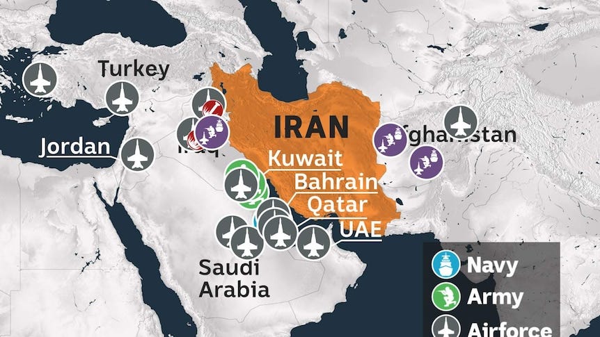 Iran is surrounded by US military bases and facilities. Here's a snapshot -  ABC News