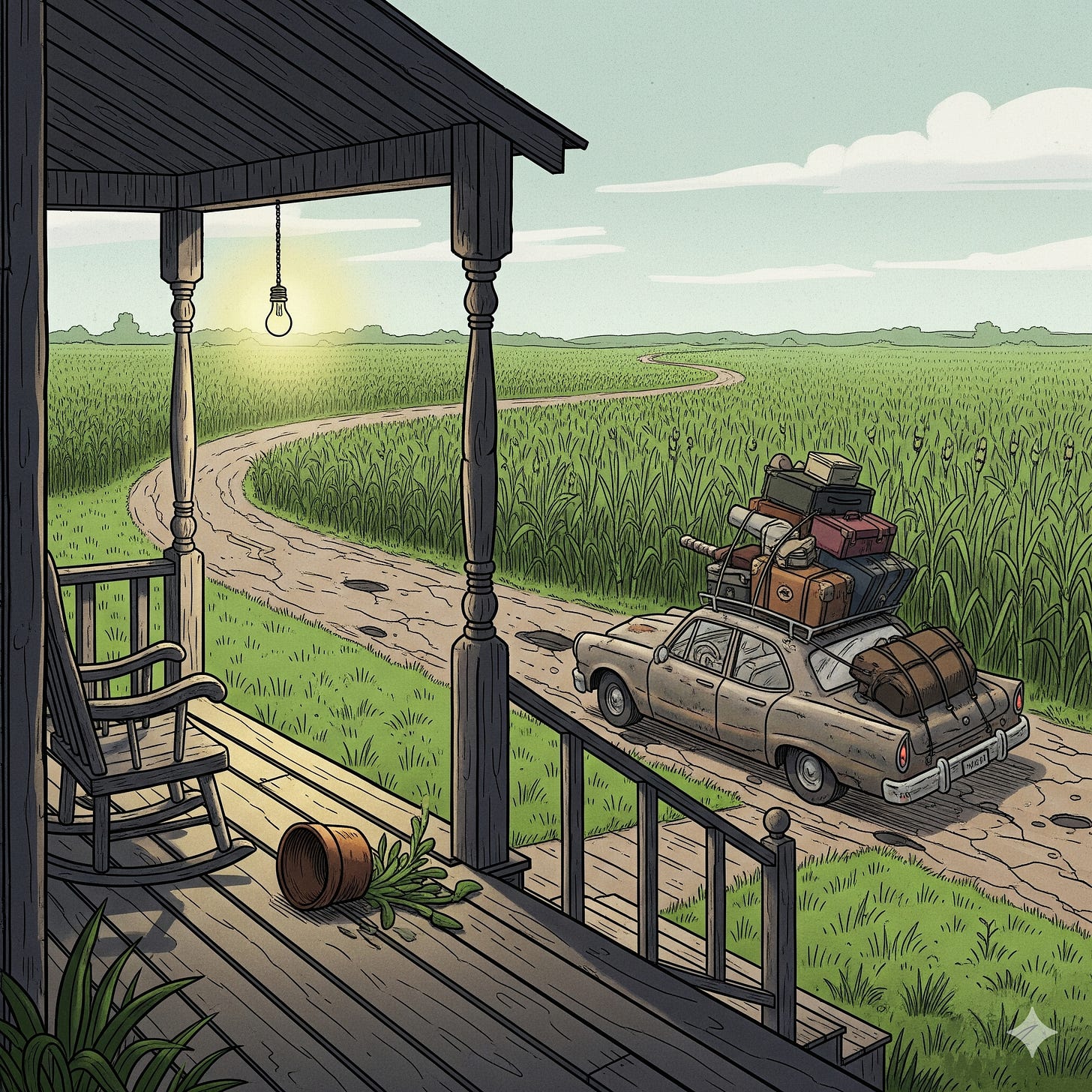 Poignant image of a Cajun front porch with the light left on, in decay on a dirt road with a car packed to leave in out-migration