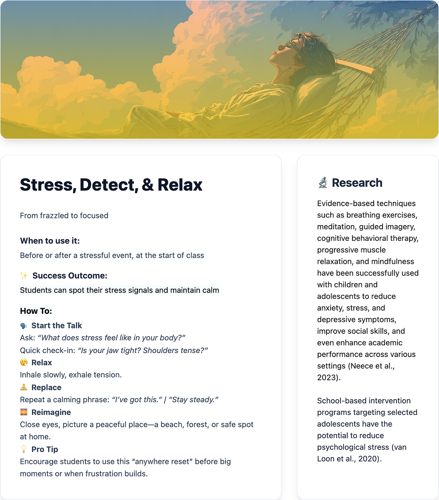 Digital strategy card titled Stress, Detect, & Relax with step-by-step stress reduction prompts for students. The left panel lists quick classroom instructions using emojis for detect, relax, replace, and reimagine techniques. The right panel highlights research evidence supporting mindfulness, breathing, and imagery for reducing stress and improving learning outcomes. A background image shows a person lying calmly in a hammock under a bright sky, symbolizing relaxation.