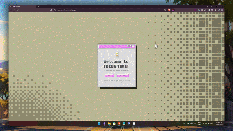 Pantalla de bienvenida de FOCUS TIME con el mensaje Welcome to FOCUS TIME sobre un fondo retro con textura de píxeles