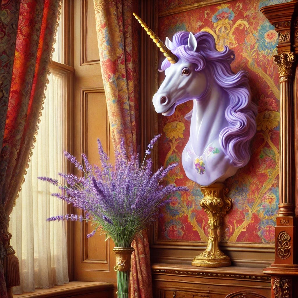 In the Fauvist style, a light purple ceramic unicorn head with soft, joyful features and bold, colorful brushstrokes is mounted like a trophy on the wall of a warm, inviting Victorian room. The unicorn’s expression is cheerful and magical. A bouquet of violet lavender rests beneath it on an ornate wooden shelf. Richly patterned Victorian wallpaper in deep reds and golds frames the scene. A tall nineteenth-century armoire with intricate wood carvings and brass accents stands clearly visible next to a large window draped with sheer, light curtains that let in warm sunlight, creating a serene, enchanted atmosphere.