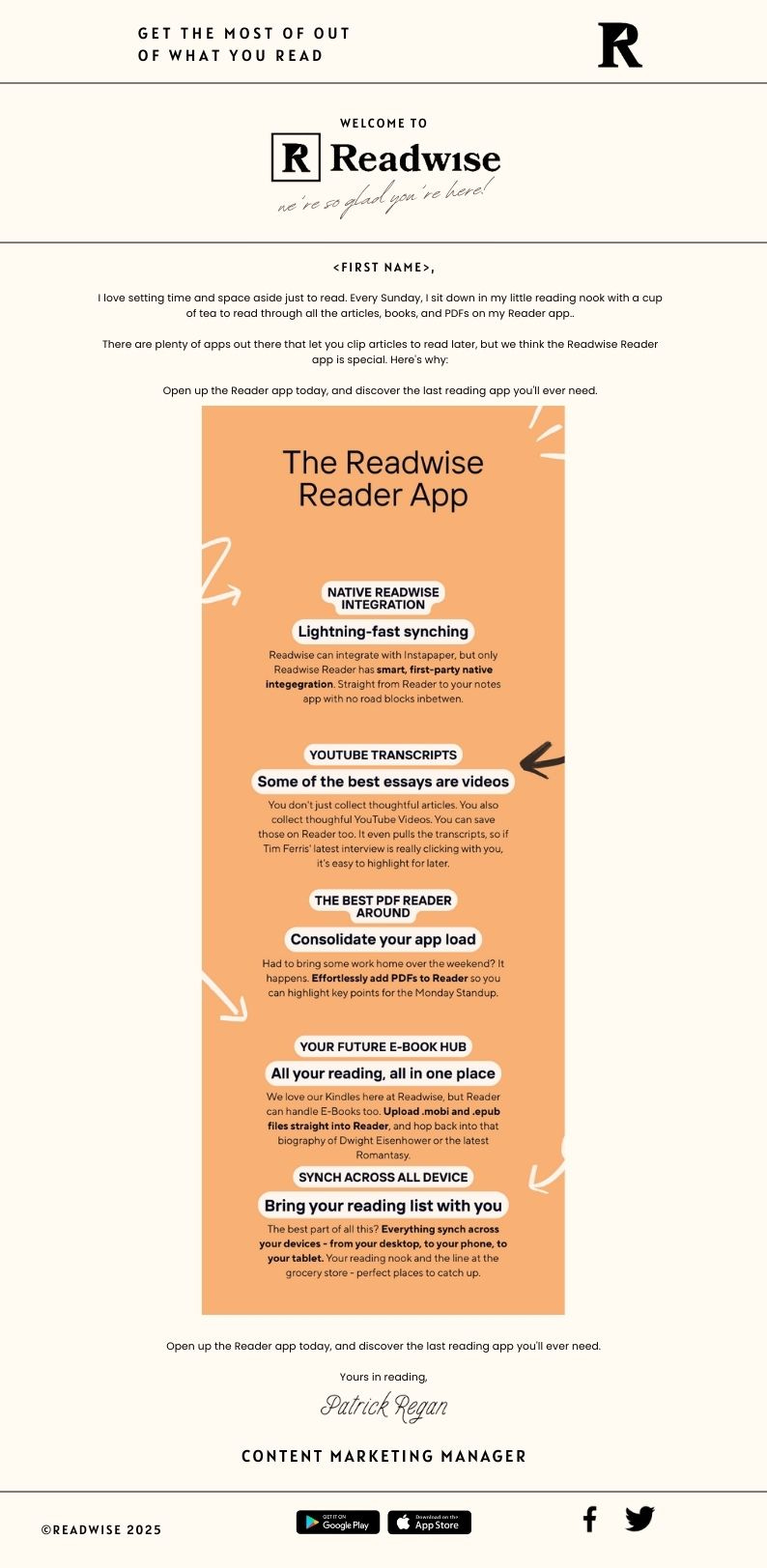 Email showcasing the features of the Readwise Reader app. Email showcasing the features of the Readwise Reader app.