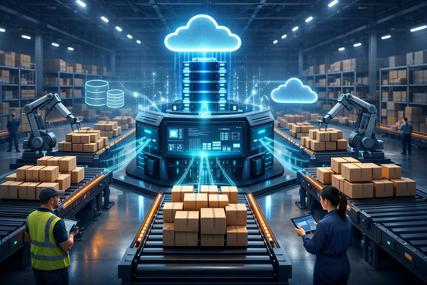 Automated smart warehouse with robotic arms, conveyor belts, and cloud data visualizations. Automated smart warehouse with robotic arms, conveyor belts, and cloud data visualizations.