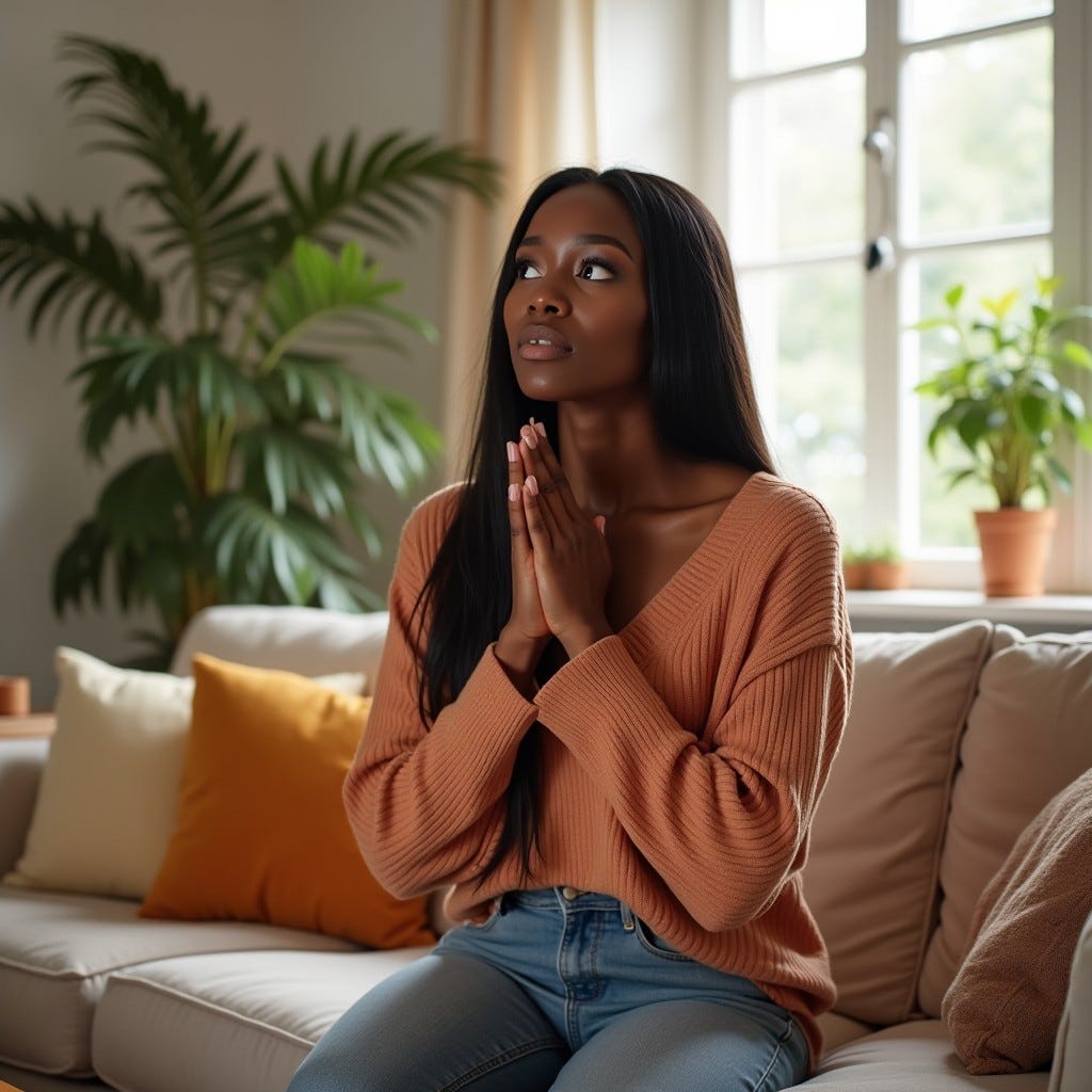 Provide me a realistic image of an African American woman with long straight hair in casual colorful clothing praying in the middle of her living room in a bright lively room Provide me a realistic image of an African American woman with long straight hair in casual colorful clothing praying in the middle of her living room in a bright lively room