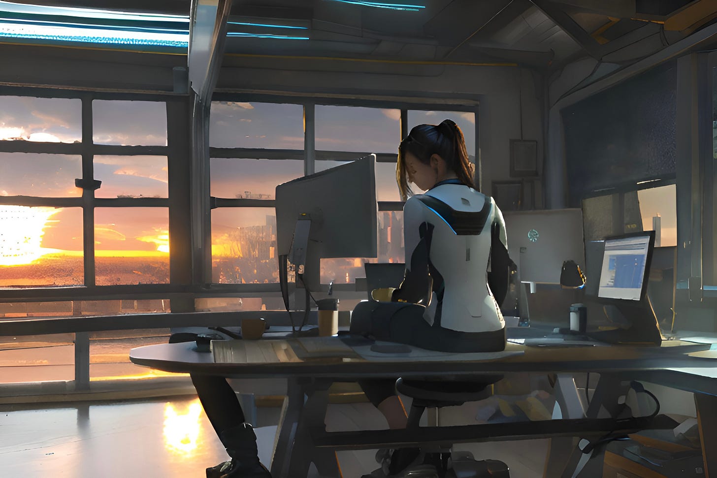 A young woman sits on a desk facing large windows that look out over a city
