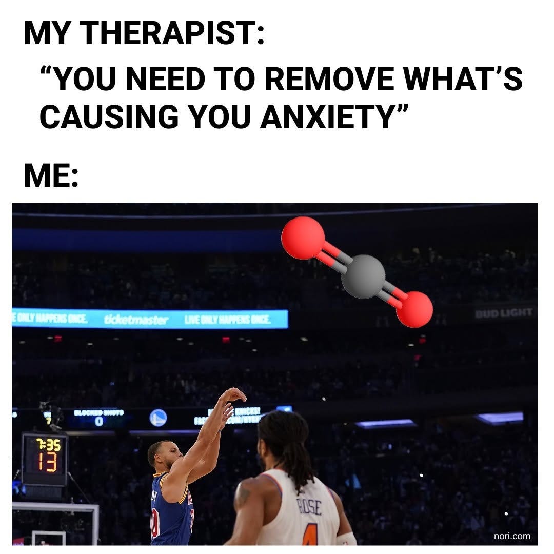 Text: "My therapist: 'You need to remove what's causing you anxiety.' Me:" Below, a basketball player shoots, with a CO2 molecule model drawn where the ball should be.