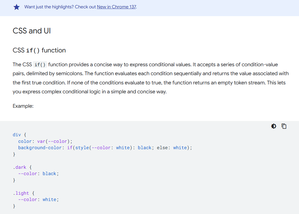 Chrome 137 release notes mentioning CSS if() with example code