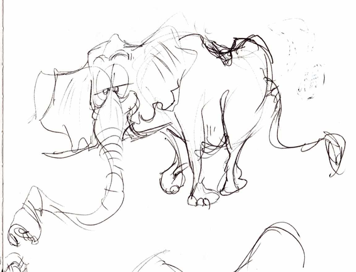 Ink sketch of a cartoon elephant.