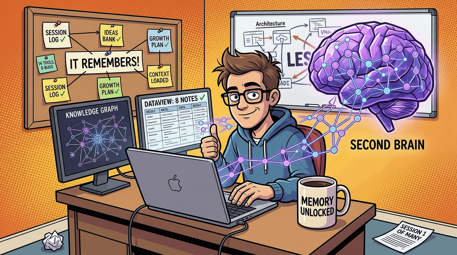 Confident developer with thumbs up, knowledge graph on one monitor, Dataview query results on another, glowing brain on the whiteboard, "MEMORY UNLOCKED" mug