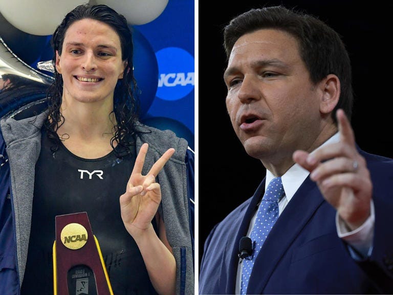 Florida Gov. Ron DeSantis on Tuesday has refuted transgender swimmer Lia Thomas' recent NCAA win. Rich von Biberstein/Icon Sportswire via Getty Images; Joe Raedle/Getty Images