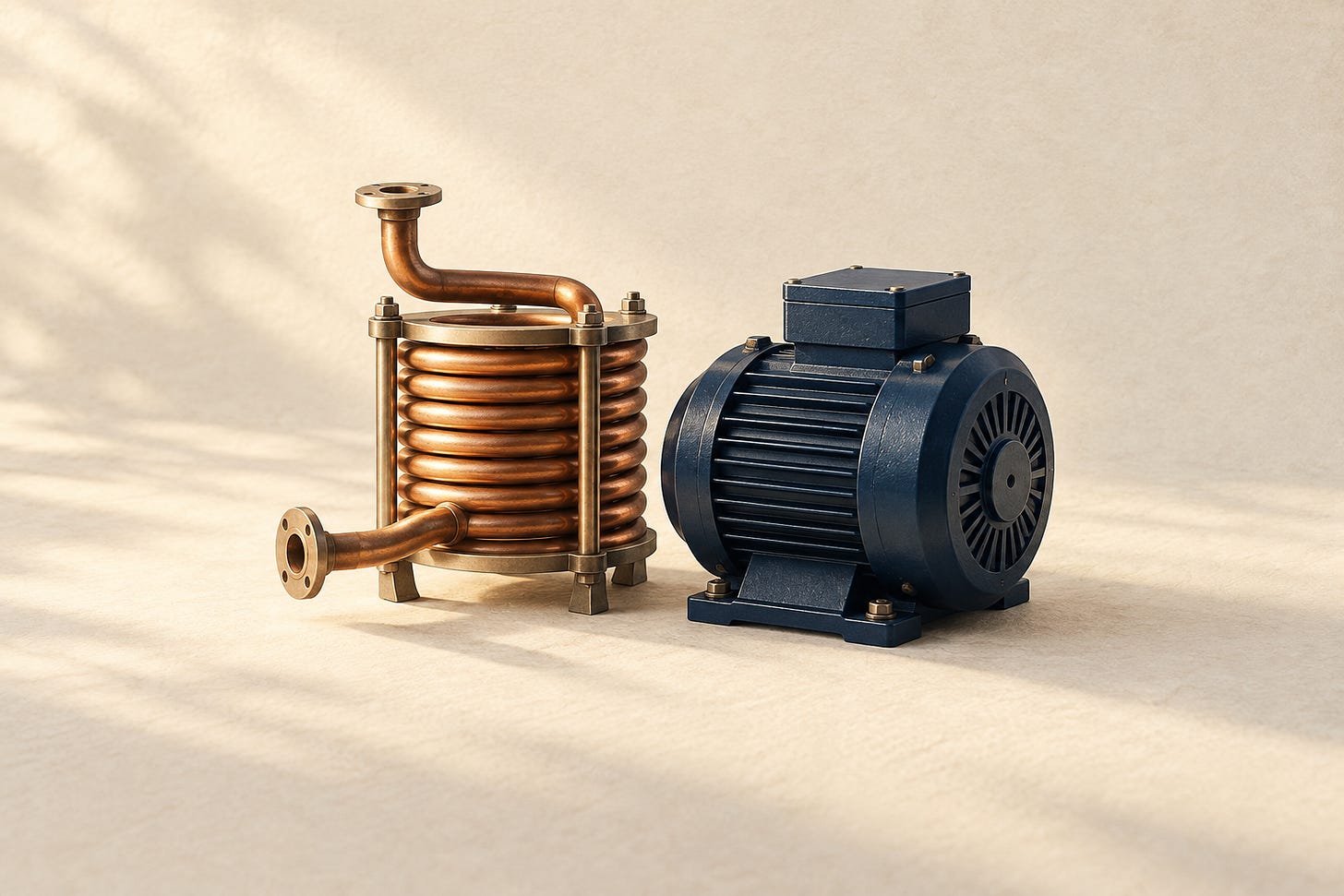 Editorial illustration of a copper coil beside a navy generator housing.