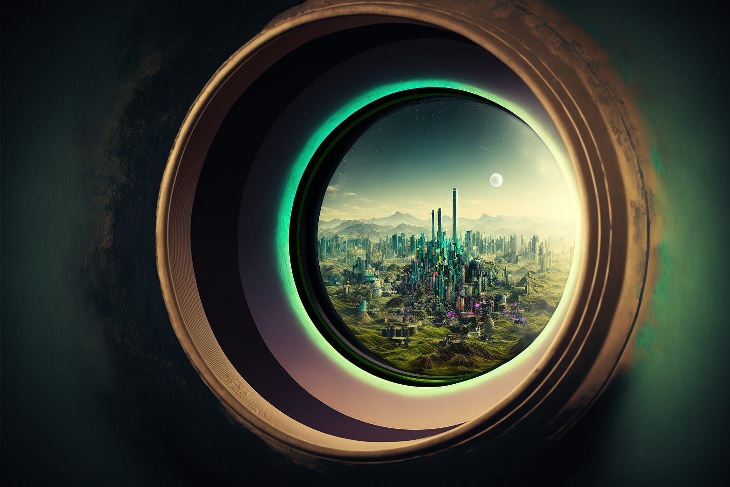 looking through telescope, ecological utopian city, holden hour