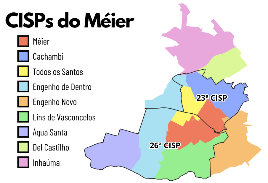 Mapa da 23ª e da 26ª Circunscrição Integrada de Segurança Pública (CISP), entre as quais o bairro do Méier, no Rio de Janeiro, se acha dividido.
