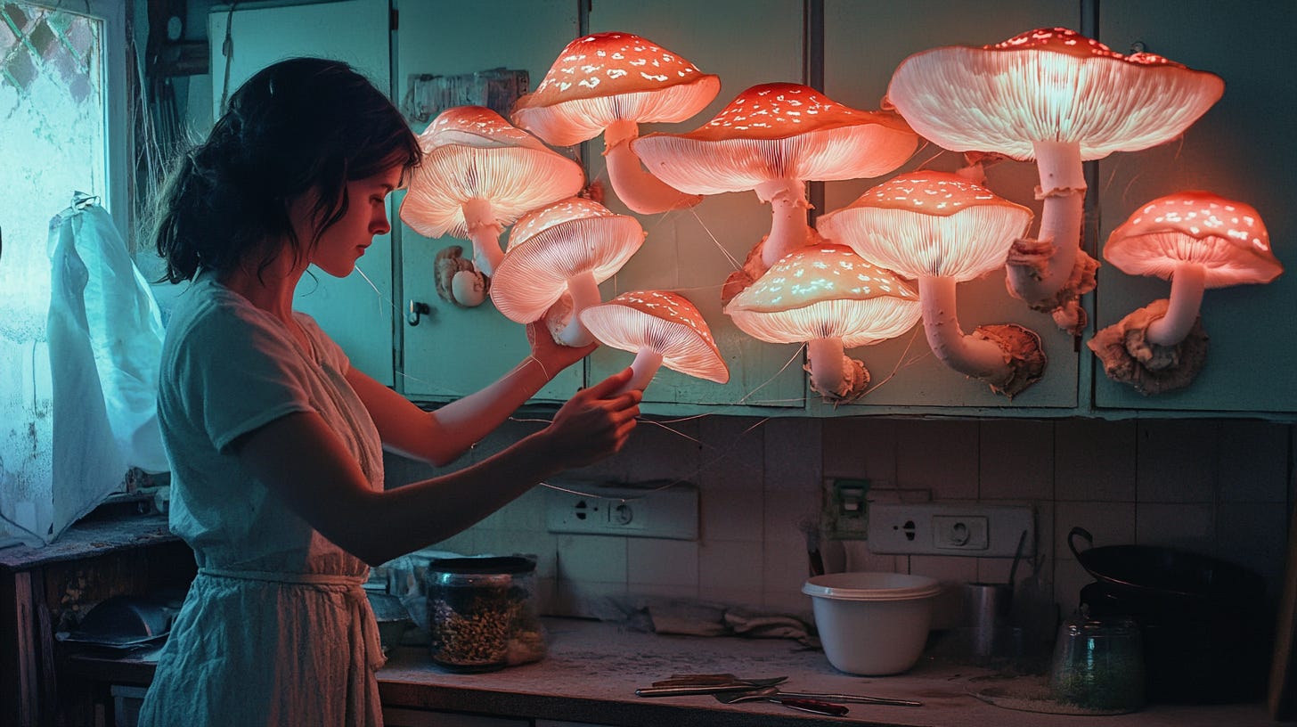 In the pre-dawn kitchen, she carefully threaded luminescent mushrooms onto fishing line, creating a floating garden beneath her cabinets. In the style of Kodak Portra 800 --ar 16:9 --v 6.1 In the pre-dawn kitchen, she carefully threaded luminescent mushrooms onto fishing line, creating a floating garden beneath her cabinets. In the style of Kodak Portra 800 --ar 16:9 --v 6.1