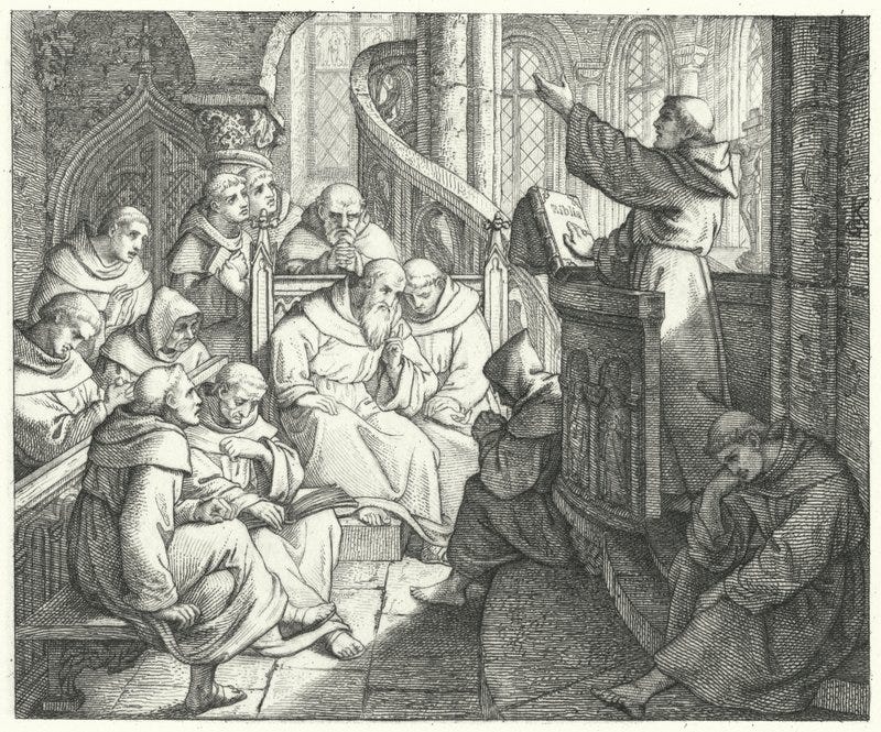 Martin Luther preaches to Johann von Staupitz and the other monks at the monastery by Gustav Ferdinand Leopold Konig