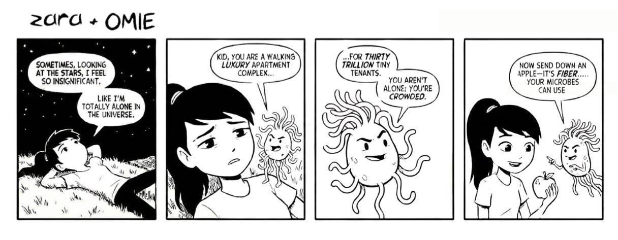 Zara lies under the stars saying she feels alone. Omie tells her she hosts thirty trillion microbes and is actually crowded. In the final panel, Zara holds an apple as Omie says to send it down because her microbes need the fiber.