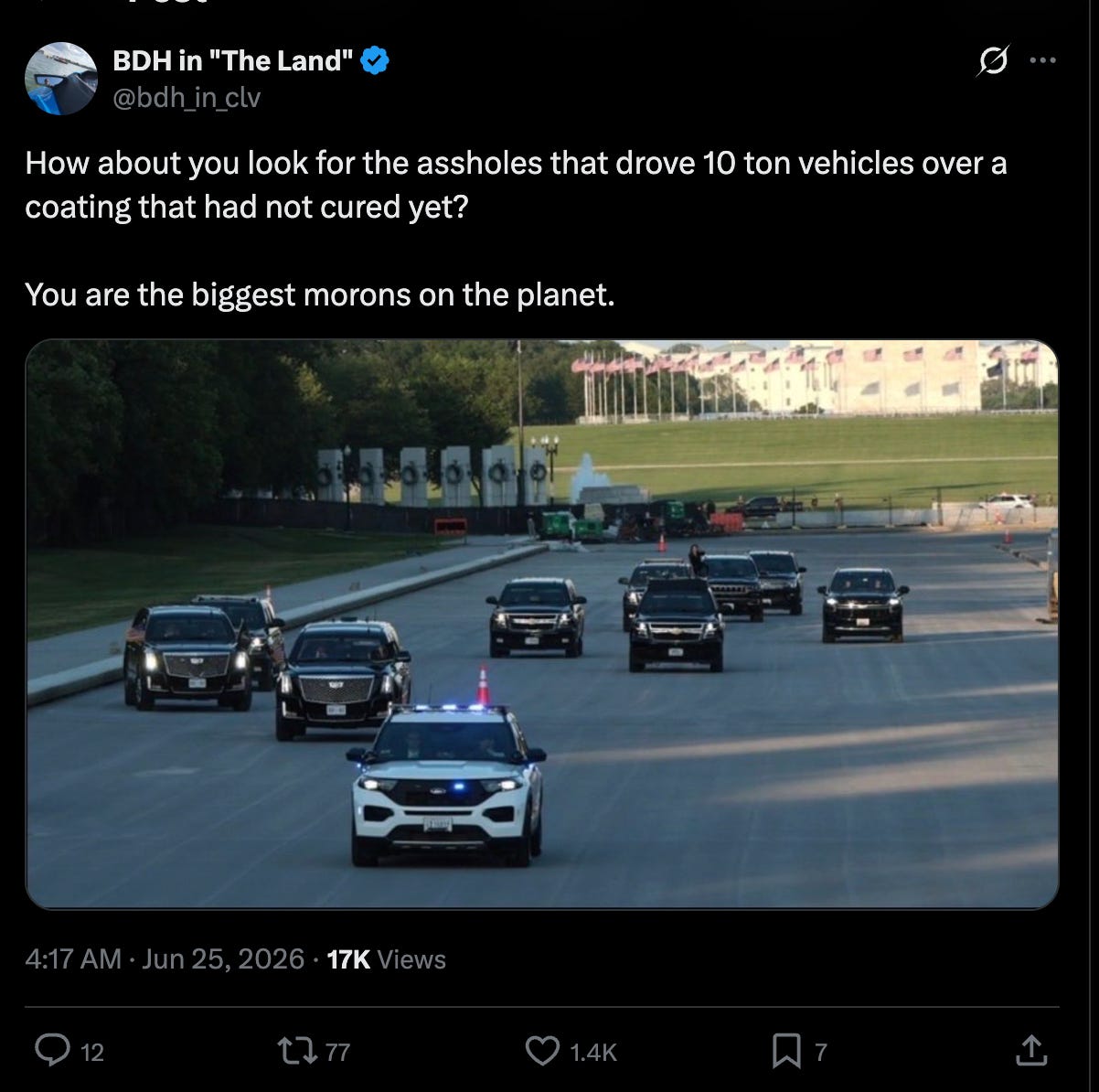 BDH in "the Land" on Twitter: How about you look for the assholes that drove 10 ton vehicles over a coating that had not cured yet?    You are the biggest morons on the planet.