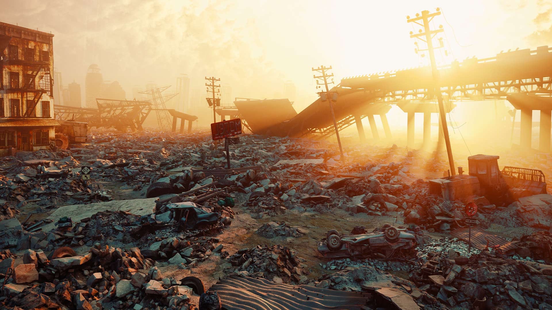 Dystopian image of ruins, debris and wrecked cars with late day sun streaming through smoke.