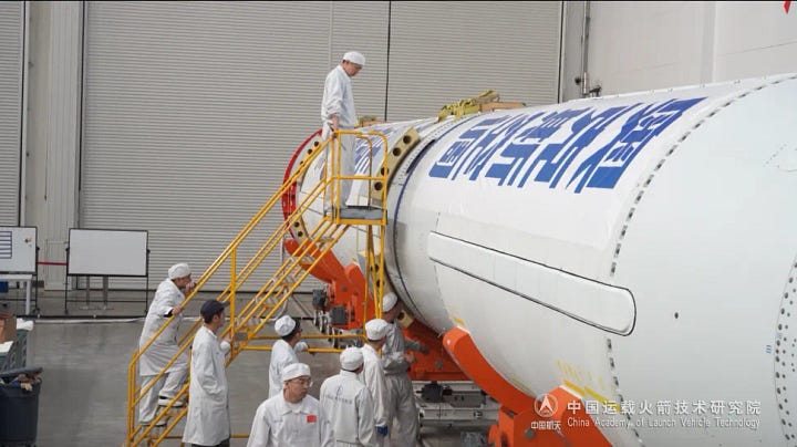 The Jielong-3 Y5 vehicle during integration ahead of being sent to its launch ship.