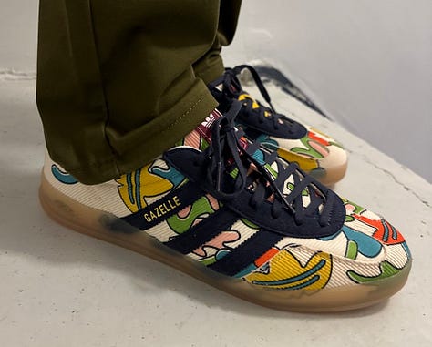 Three pairs of shoes I wore on the road this week: Custom Air Max 90s styled after my defunct podcast, Sean Wotherspoon Corduroy Adidas Gazelles, and Easymoc Moccasins.