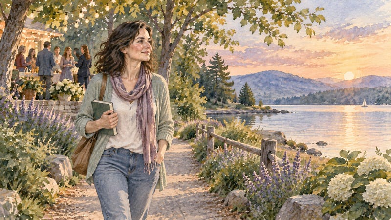 A smiling woman walking along a flower-lined path toward a peaceful lake at sunset, leaving a lively gathering behind as she enjoys a quiet moment to herself.