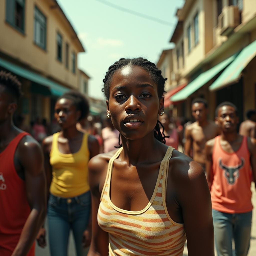 Ghetto streets filled with vibrant beautiful black Jamaican people, going about their daily lives, richly textured clothing, expressive faces, warm sunlit skin tones, immersive cinematic atmosphere