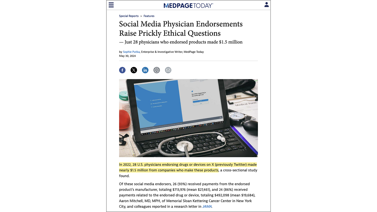MedPage Today, “Social Media Physician Endorsements Raise Prickly Ethical Questions” (30 May 2024)