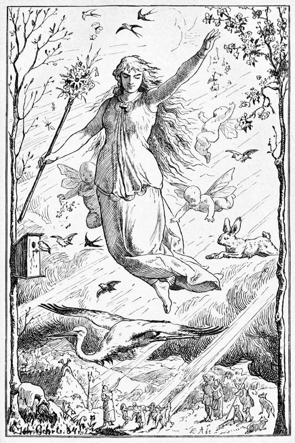 Ostara spring equinox goddess illustration with staff, birds, hares, and blossoms in vintage black-and-white art