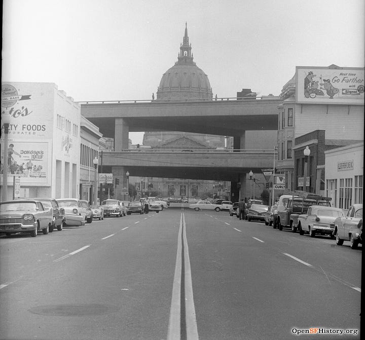 Old photos showing the former Central Freeway running through Hayes Valley.