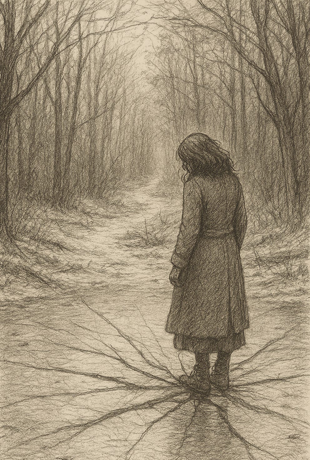 Woman standing on a frozen pond that is cracking beneath her