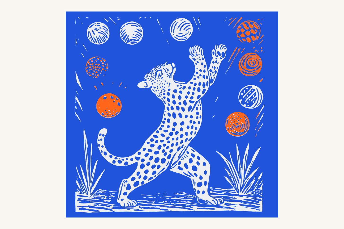 Illustration of a stylized leopard standing on its hind legs, playfully reaching upward toward a series of abstract, textured balls in white and orange. The background is a bold royal blue, with minimal plants and movement lines adding dynamic energy to the scene.