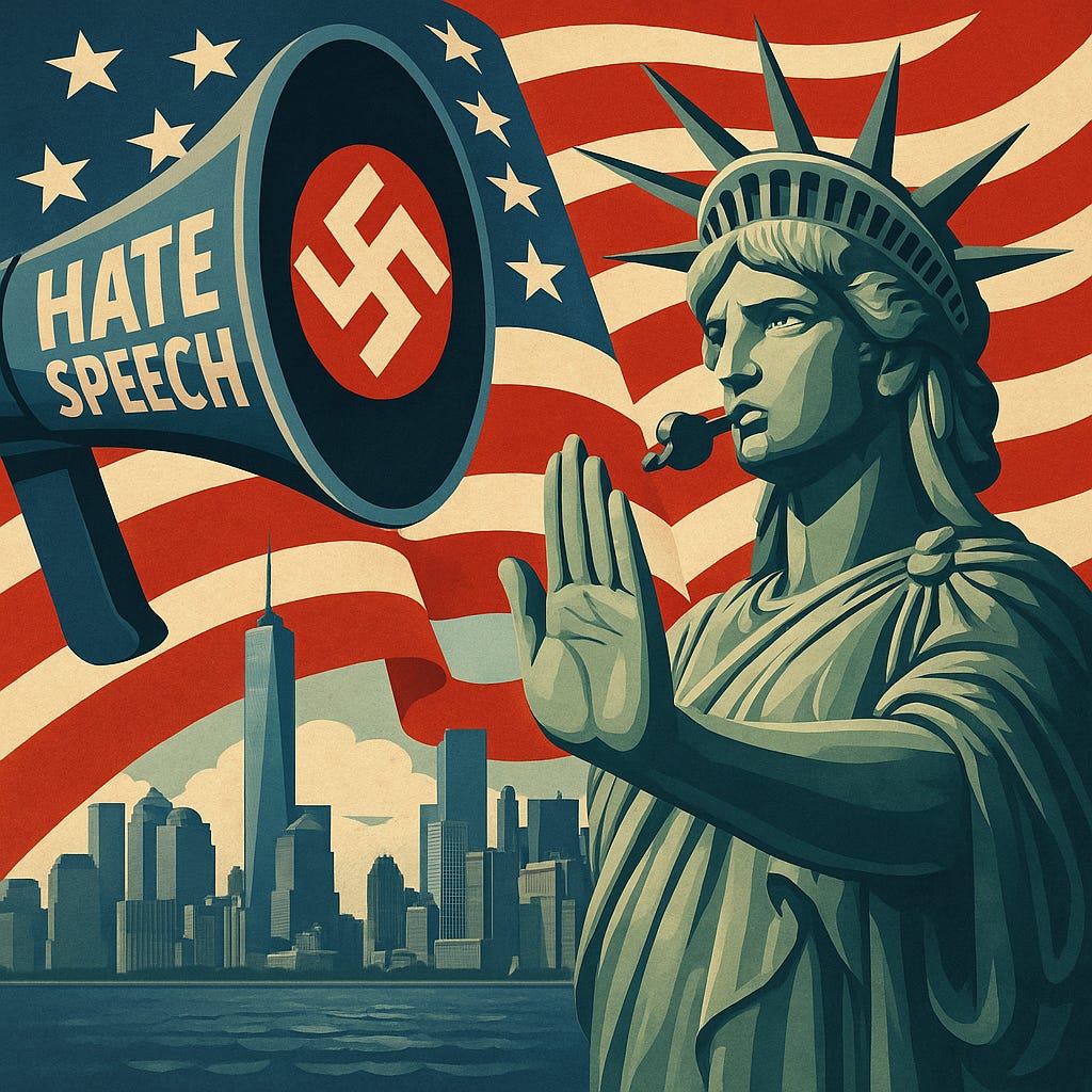 Illustration of the Statue of Liberty holding up a hand to a megaphone labeled “HATE SPEECH,” with a Nazi symbol inside; U.S. flag and NYC skyline in background.