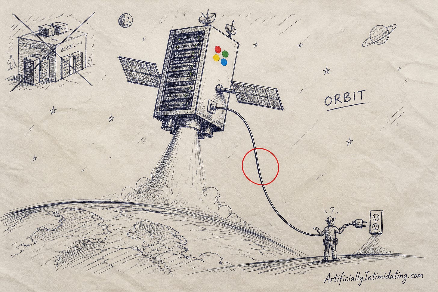 A hand-drawn illustration of a server rack with solar panels launching into orbit, trailing an extension cord back down to a wall socket on Earth where a small engineer holds the plug.