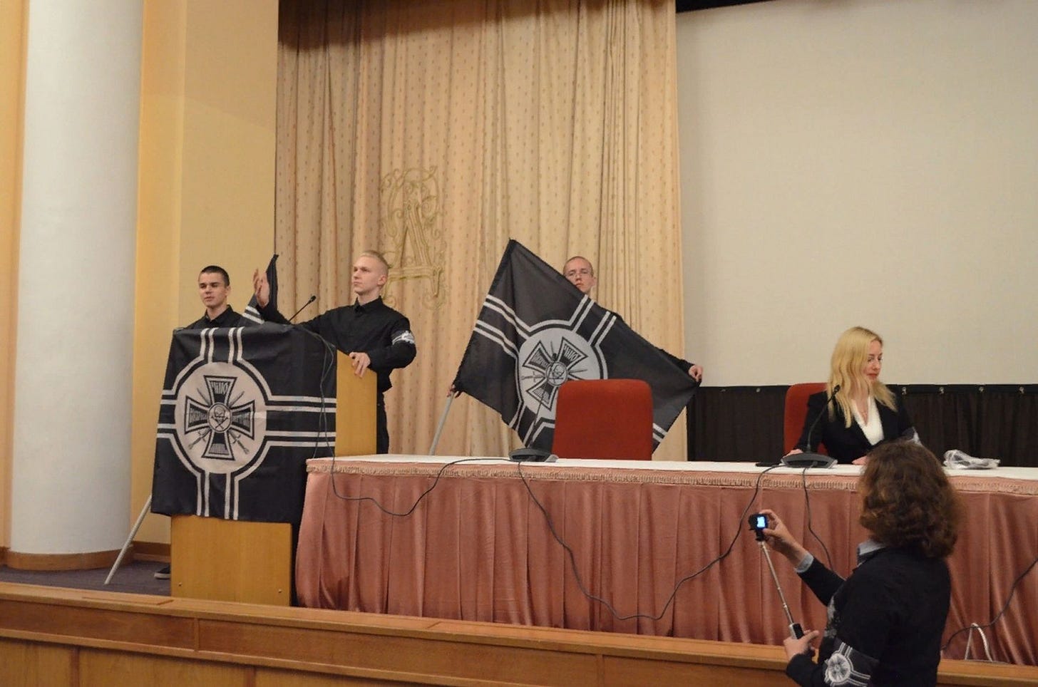 From left to right: Andrey Serbiyan, Andrey "Bely" Skvortsov, Andrey Yerin at the NKD conference From left to right: Andrey Serbiyan, Andrey "Bely" Skvortsov, Andrey Yerin at the NKD conference