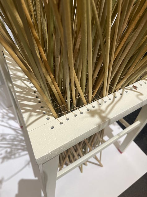 1. Aaron Mighty -- Throne of Gaia lounge chair; 2. Max Bainbridge -- ash tree crucibles; 3. Ella Merriman -- dried rush contained in lattice of found chair.