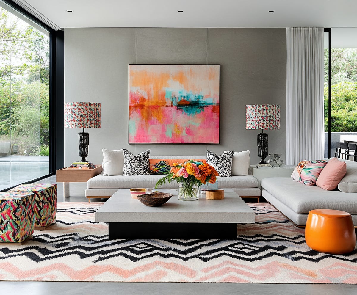 modern industrial living room with colourful cushions and patterned rug and pleated lampshades, plush design interiors adelaide
